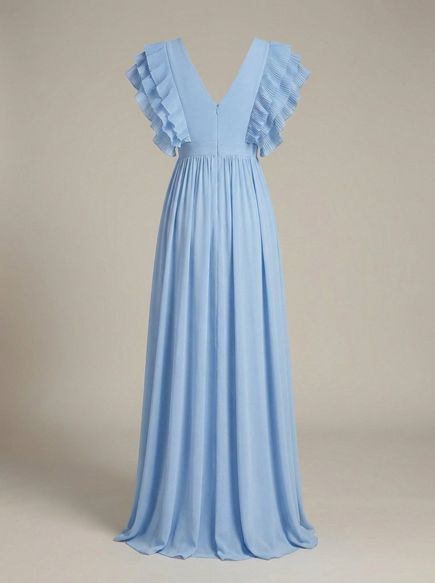 Damen Maxi Kleid A-Linie mit V-Ausschnitt und Rüschen
