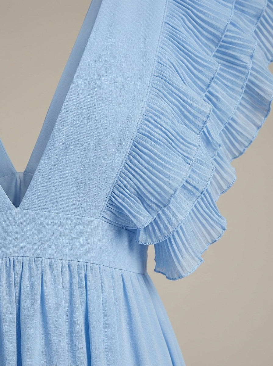 Damen Maxi Kleid A-Linie mit V-Ausschnitt und Rüschen