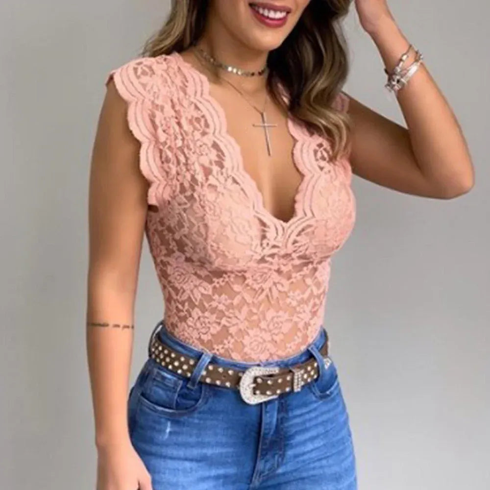 Damen Spitzen Top Ärmellos mit V‑Ausschnitt