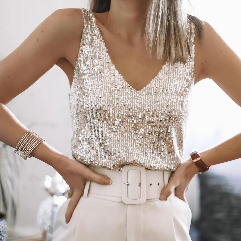 Damen Glänzendes Top mit V‑Ausschnitt