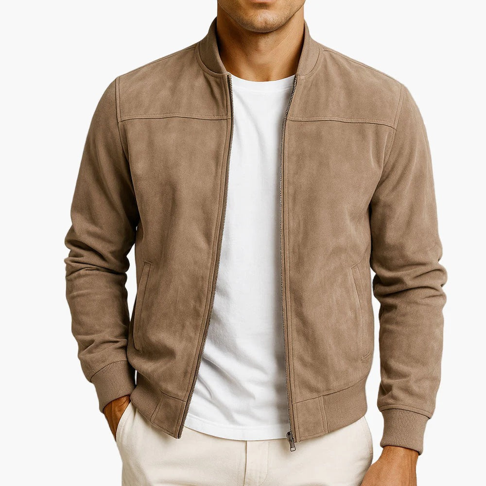 Męska Kurtka Bomber Slim Fit z Imitacji Zamszu i Zamkiem