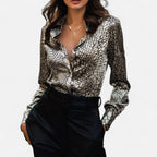Damen Satinbluse mit Animalprint und klassischem Kragen