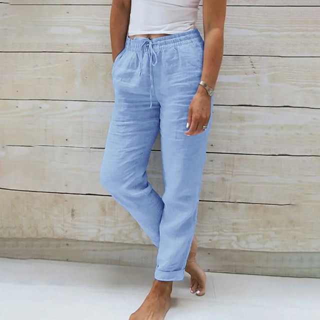 Damskie Spodnie Casual z Prostowną Nogawką i Naturalną, Letnią Linią