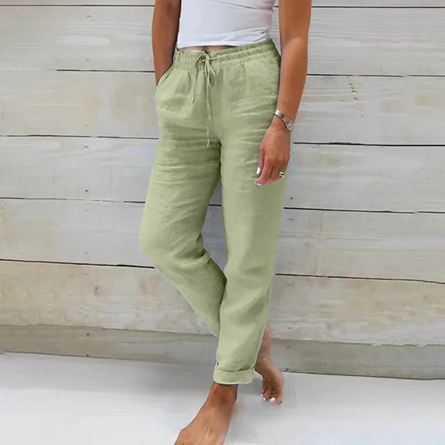Damskie Spodnie Casual z Prostowną Nogawką i Naturalną, Letnią Linią