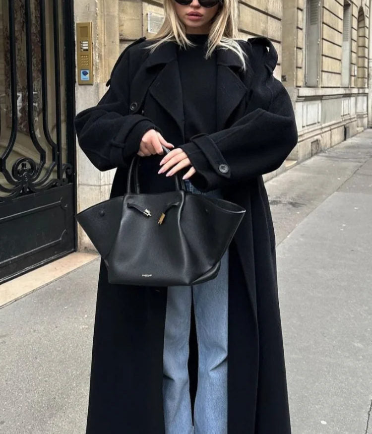 Damski długi płaszcz zimowy oversize dwurzędowy elegancki