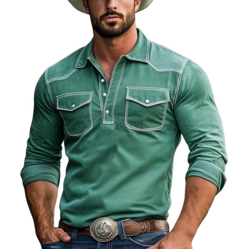 Męska Zamszowa Koszulka Polo w Stylu Western z Długim Rękawem