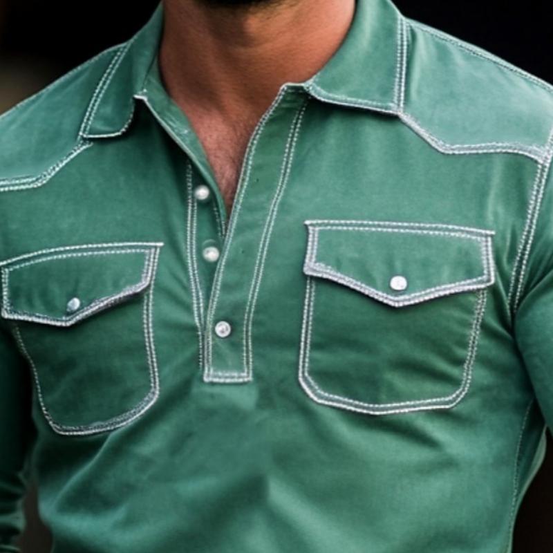Męska Zamszowa Koszulka Polo w Stylu Western z Długim Rękawem