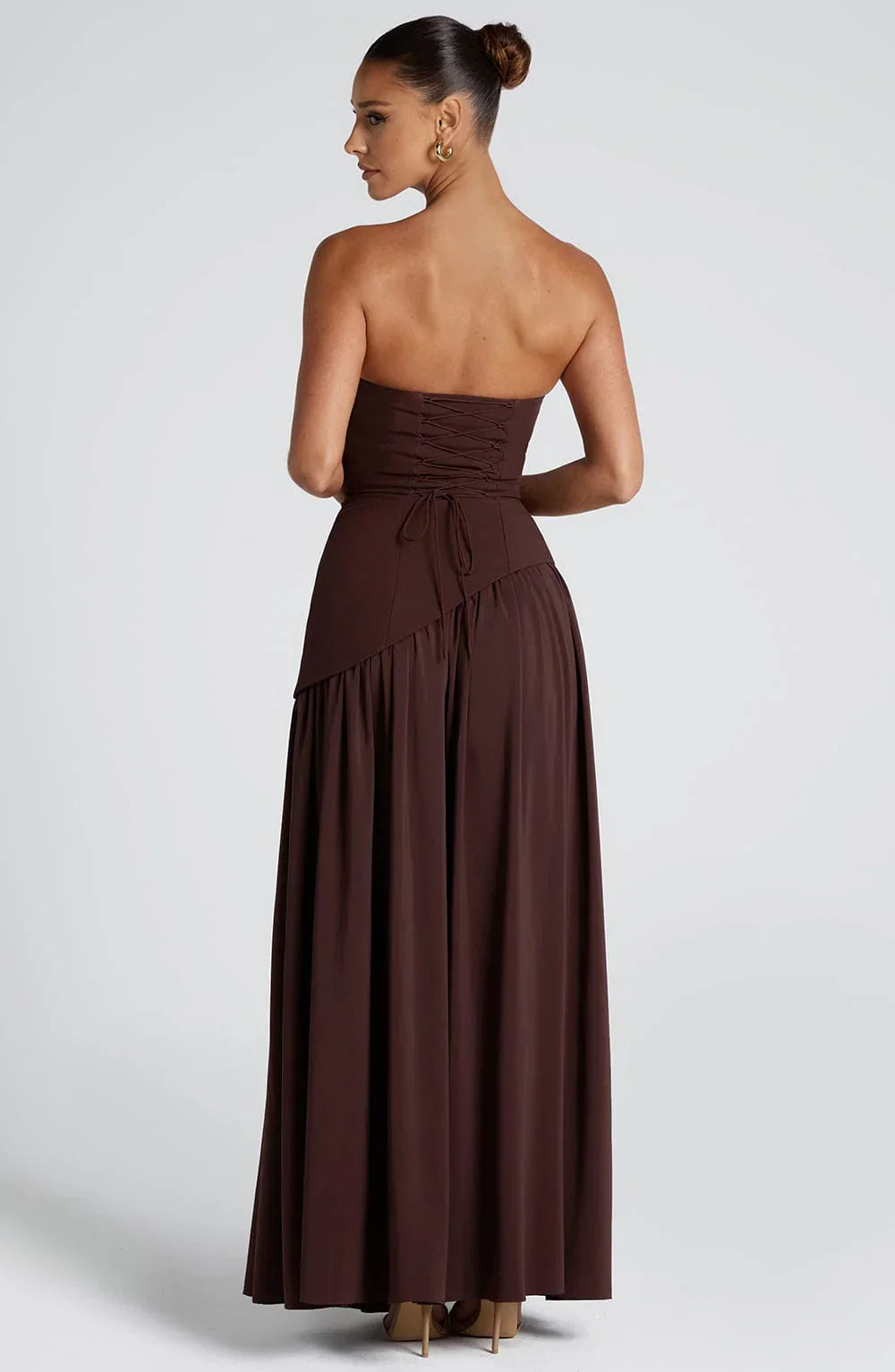 Damska Sukienka Maxi Bustier z Drapowanym Detalem i Wysokim Rozcięciem