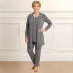 Dreiteiliges Damen-Set mit langem Ärmel, Überwurf und Hose