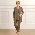Dreiteiliges Damen-Set mit langem Ärmel, Überwurf und Hose