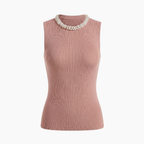 Damski Tank Top Bez Rękawów Z Dzianiny Ribowej Z Perłowymi Zdobieniami