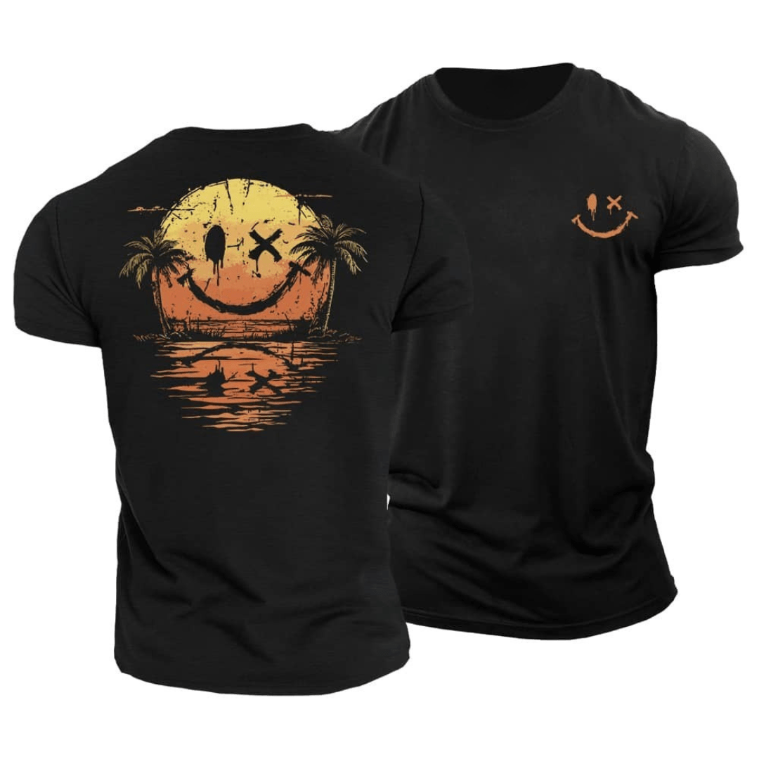 Męski T‑shirt Letni z Motywem Smiley i Plażową Grafiką