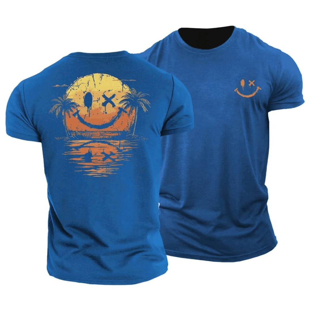Męski T‑shirt Letni z Motywem Smiley i Plażową Grafiką