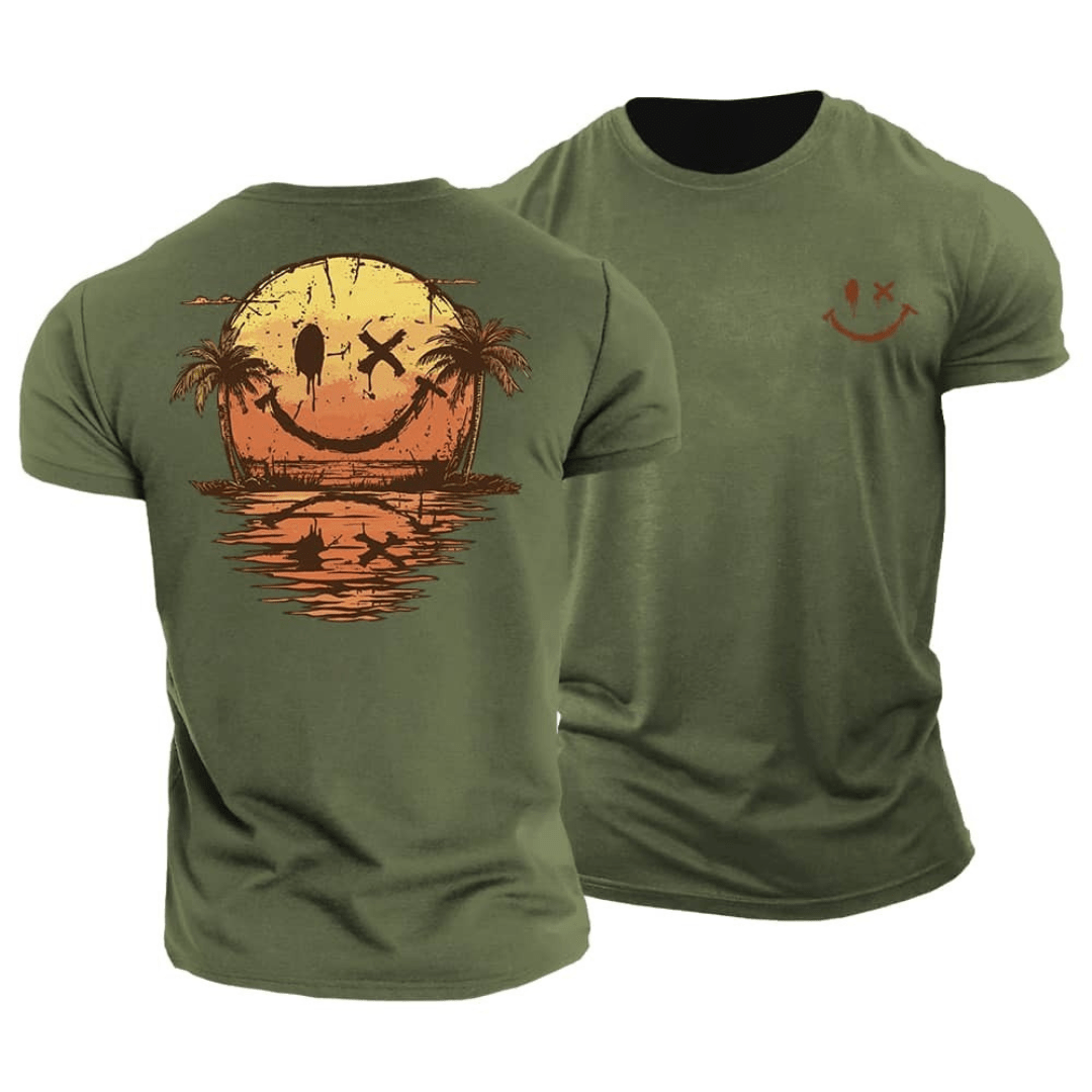 Męski T‑shirt Letni z Motywem Smiley i Plażową Grafiką