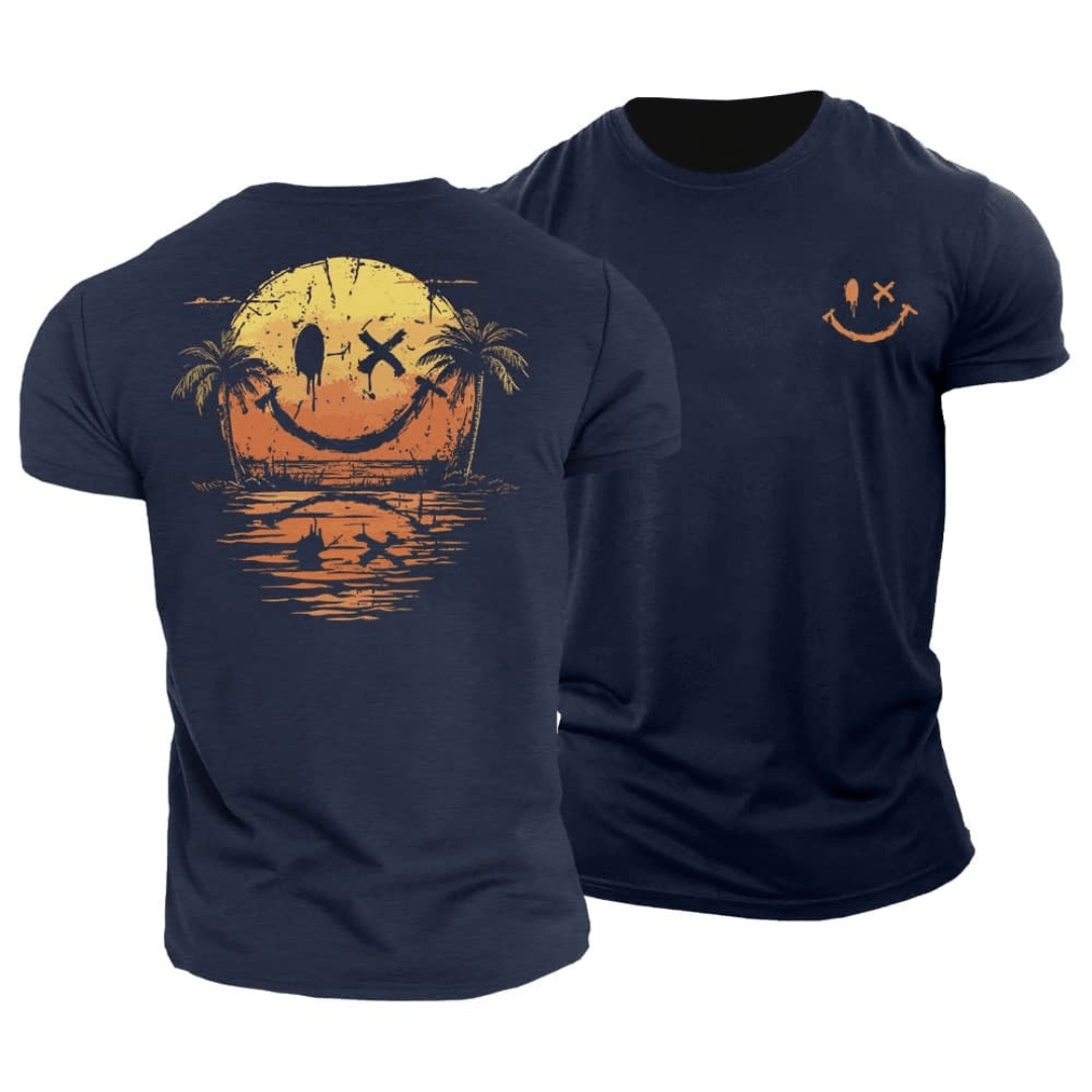 Męski T‑shirt Letni z Motywem Smiley i Plażową Grafiką