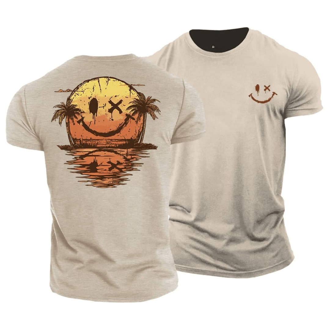 Męski T‑shirt Letni z Motywem Smiley i Plażową Grafiką