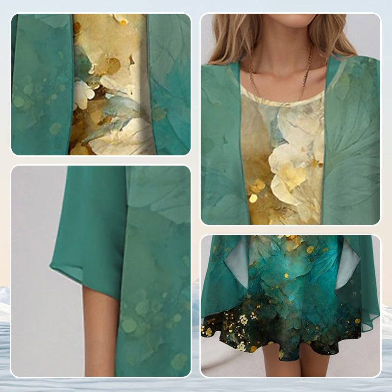 Damen-Midikleid mit mehrlagigem Überwurf und durchgehendem Muster